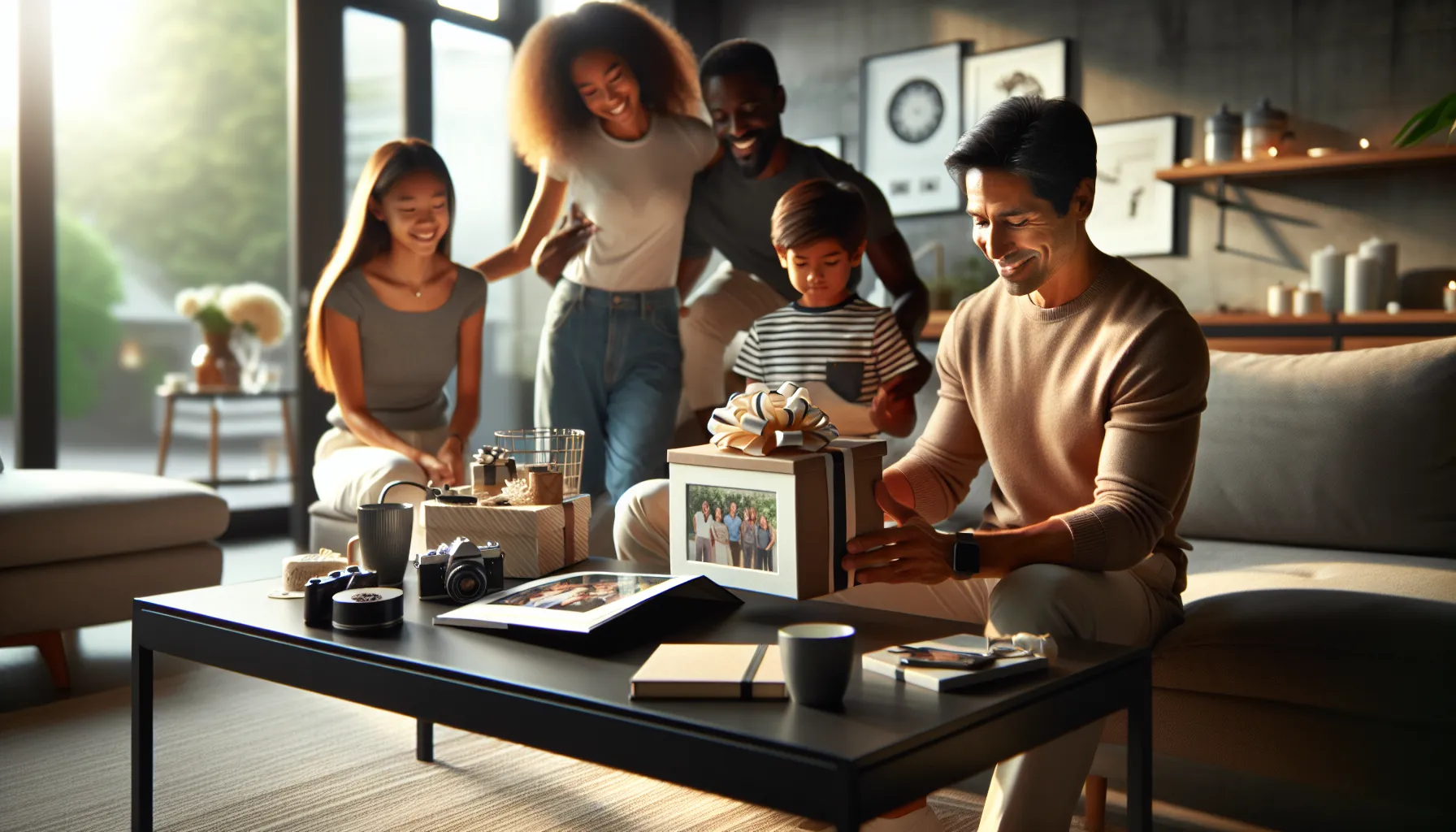 Family celebrating Father's Day with thoughtful gifts in a modern living room.