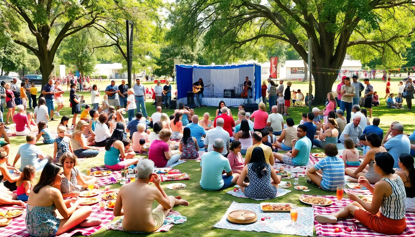 Community gathering in a park featuring homemade food and live music.