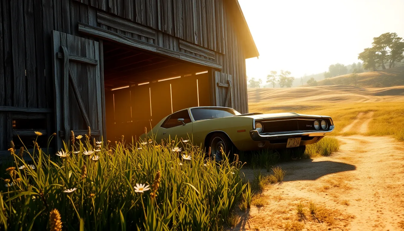 vintage muscle car hidden in a rustic barn setting.