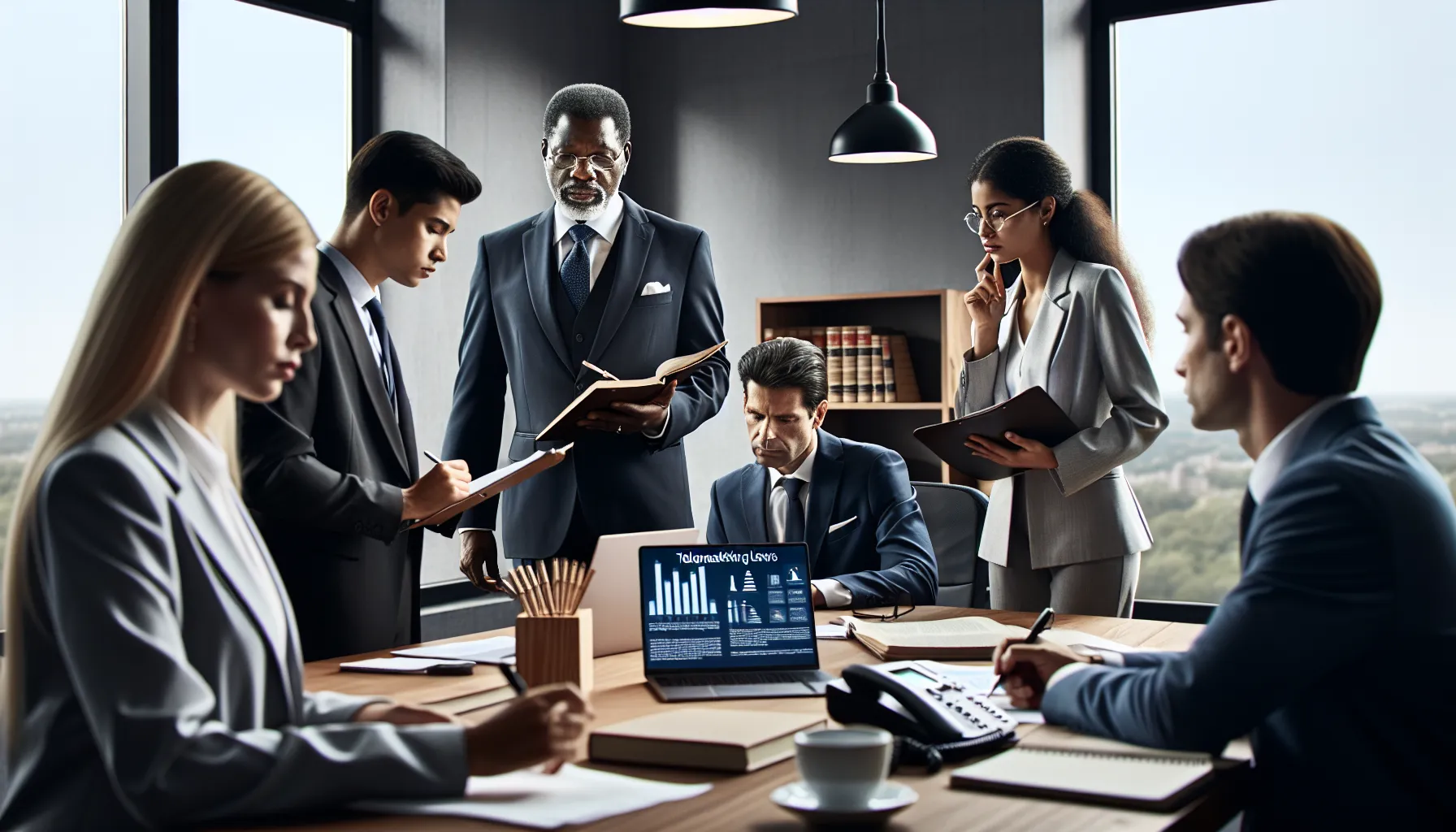 diverse professionals discussing telecommunications regulations in a modern office.