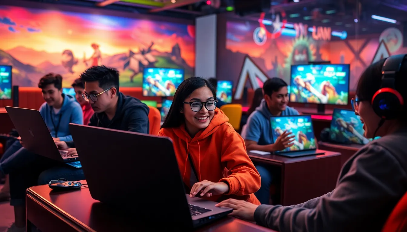 diverse gamers in a vibrant lounge playing Game Doatoike.