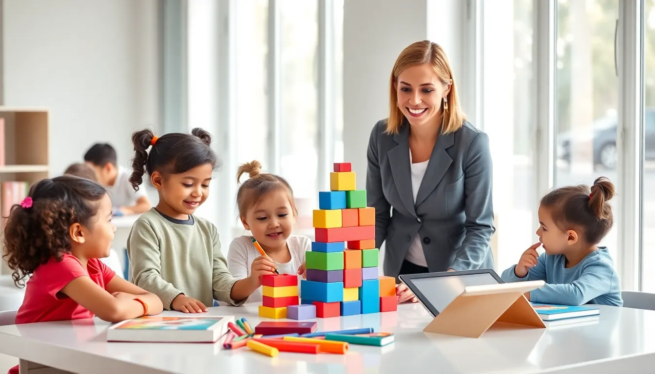 children engaged in early childhood education activities in a modern classroom.