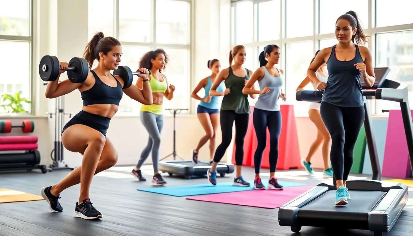 diverse women exercising in a gym with cross training shoes.