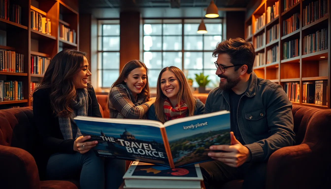 a group of travelers discussing a travel book in a cozy library.