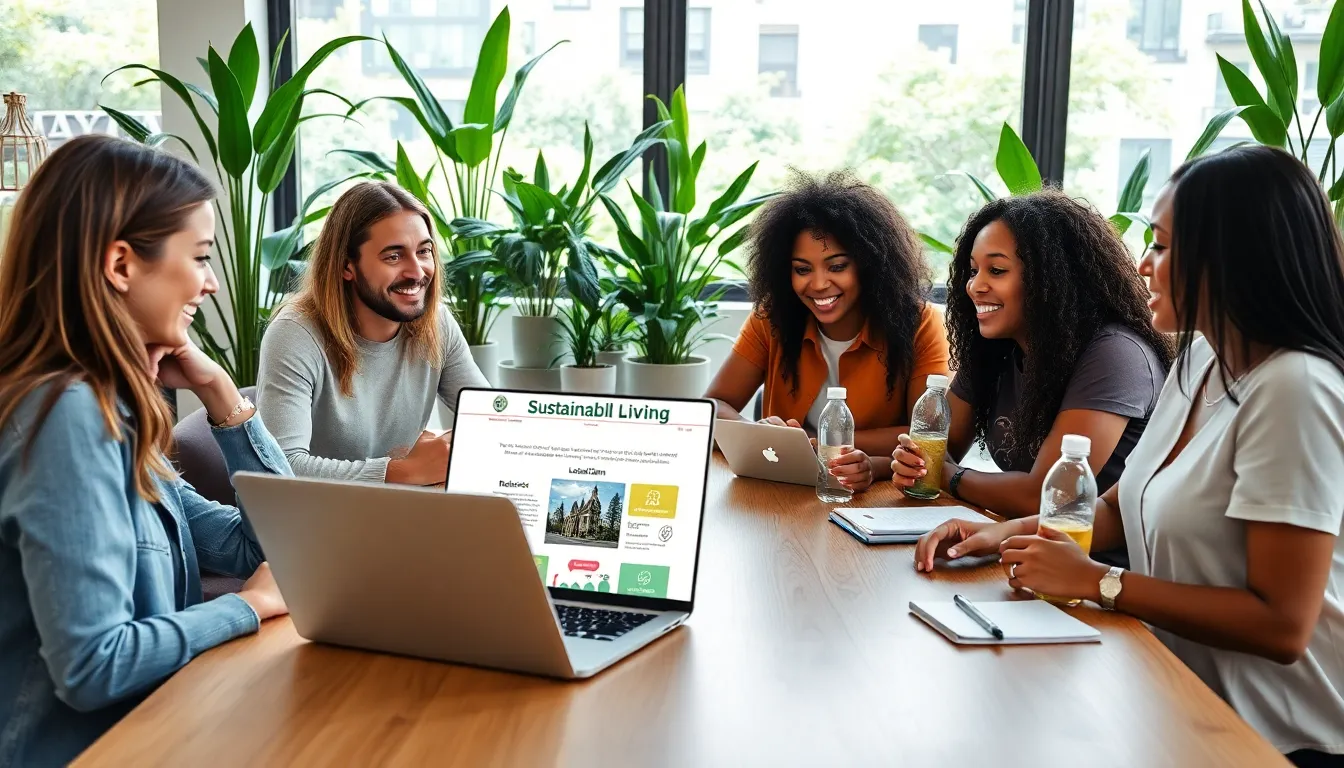 diverse team discussing sustainable living in a modern office.