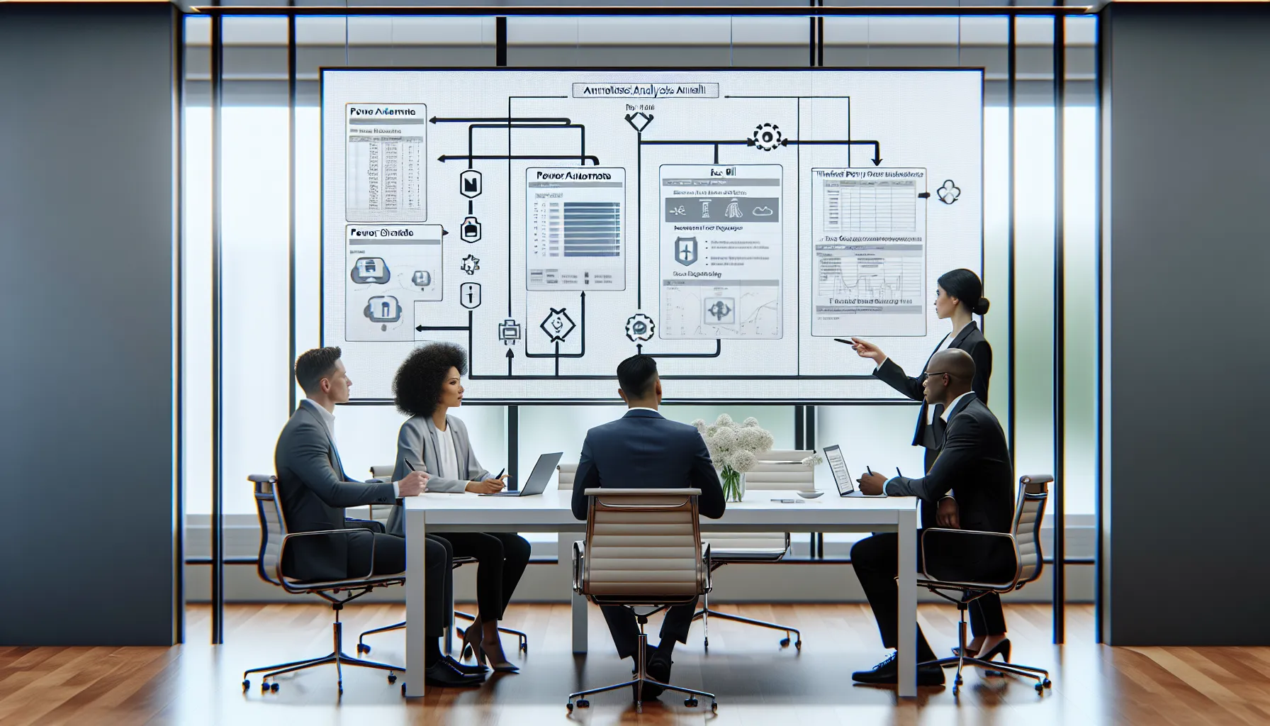Team reviewing automated Power BI to Excel export options on a large office screen.
