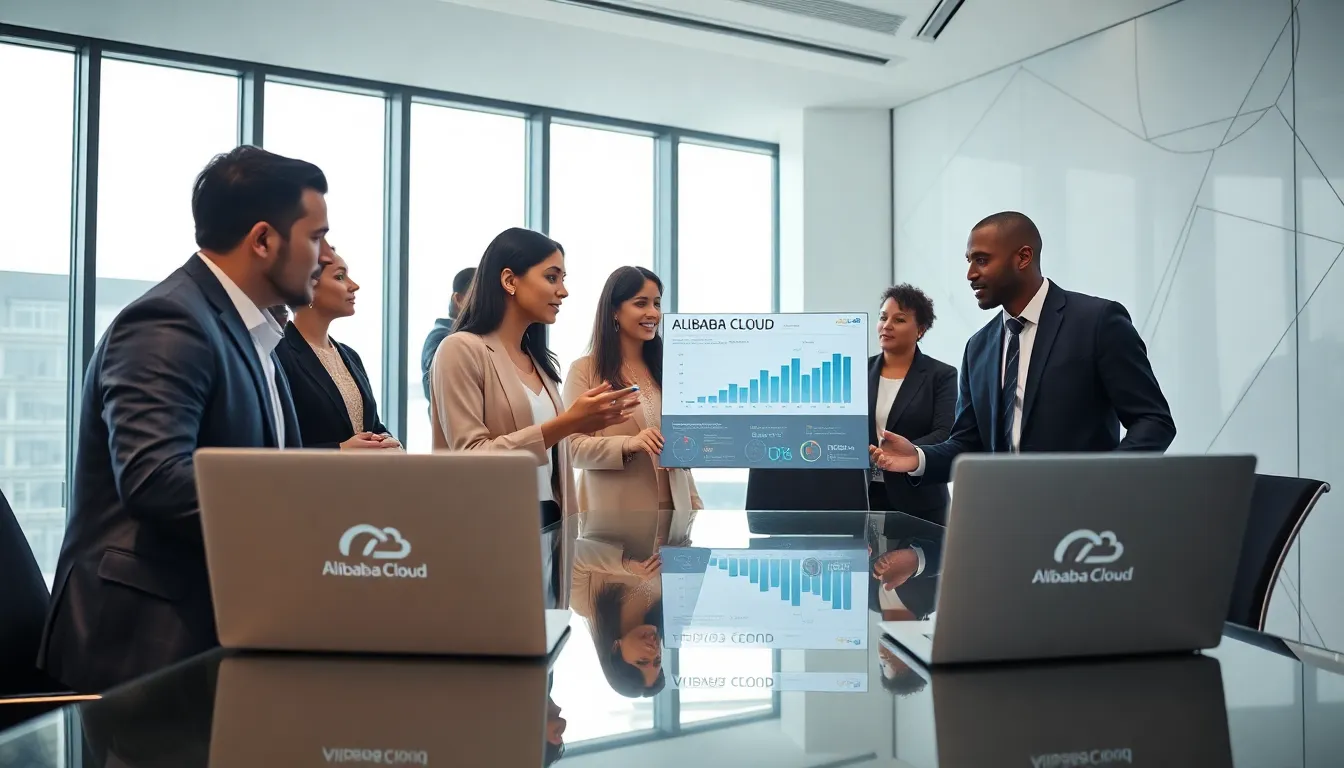 professionals discussing cloud computing solutions in a modern office.