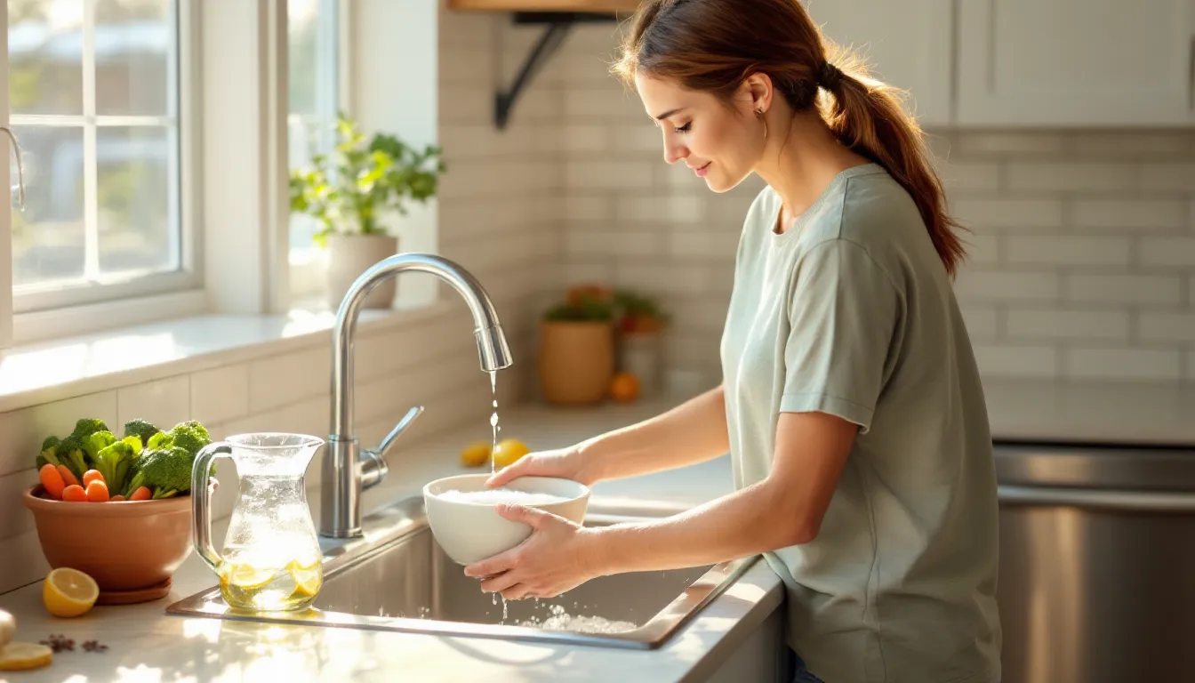 Woman washing dishes in a soapy basin in a bright, sunlit kitchen.