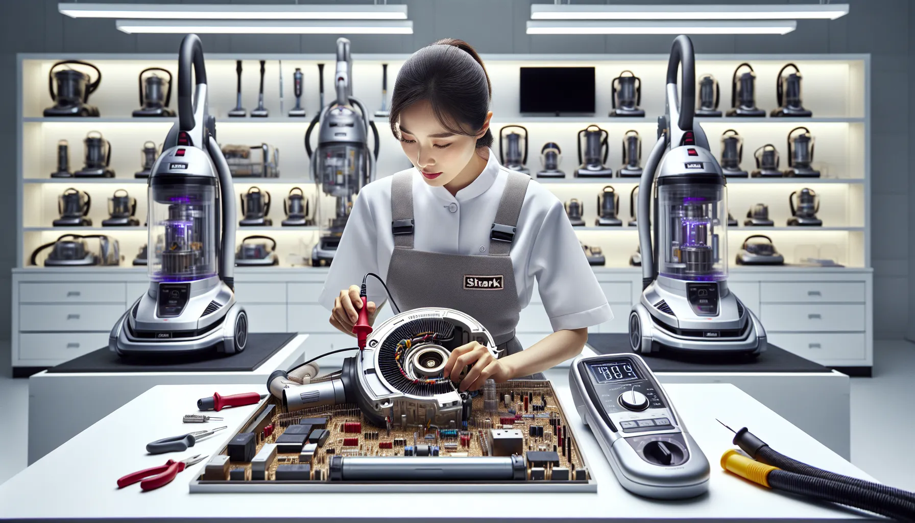 Shark Vacuum Fuse Location: Find It Fast 8 technician inspecting a Shark vacuum with visible fuse location.