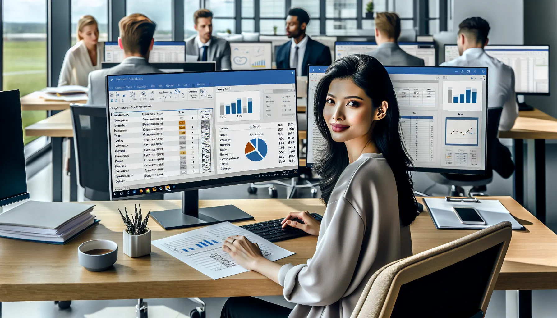 Analyst reviewing a Power BI report exported to PDF in a modern office.