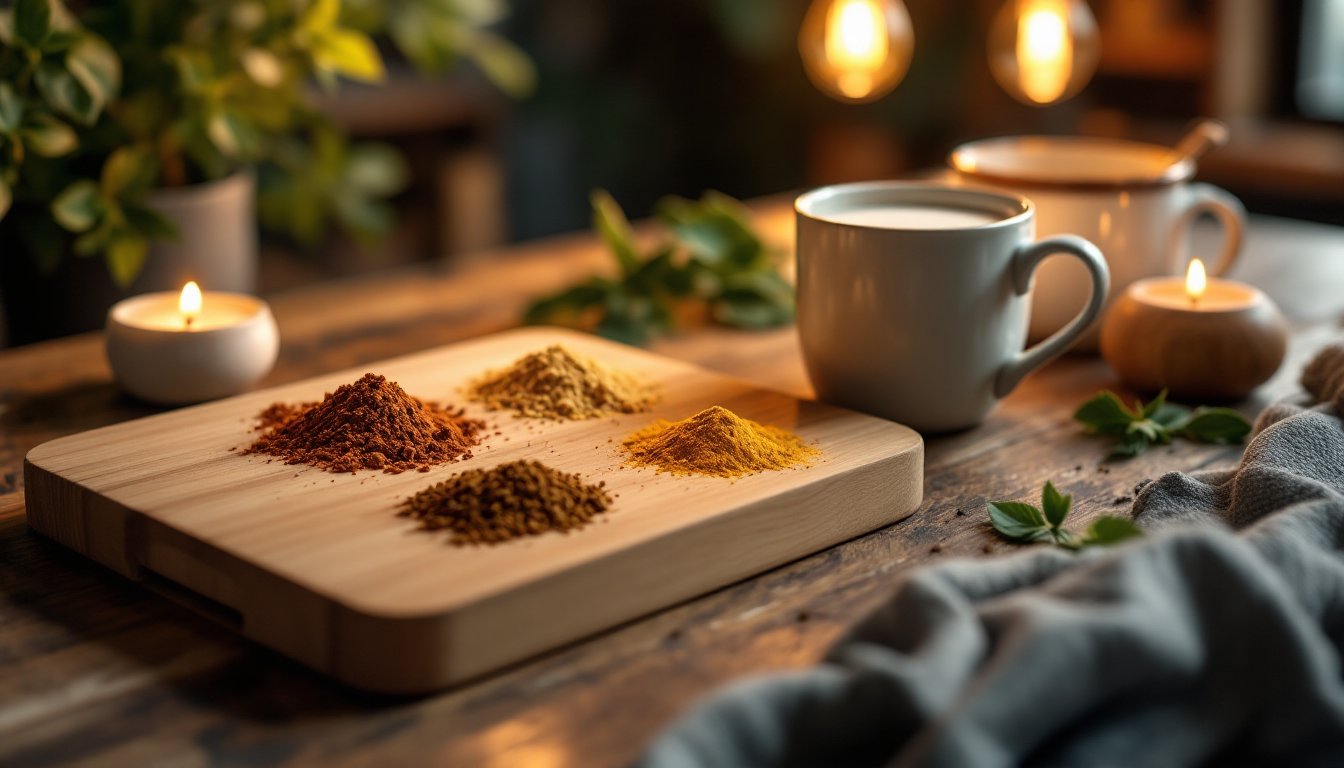 Adaptogenic herb powders and warm milk drink on a kitchen countertop.