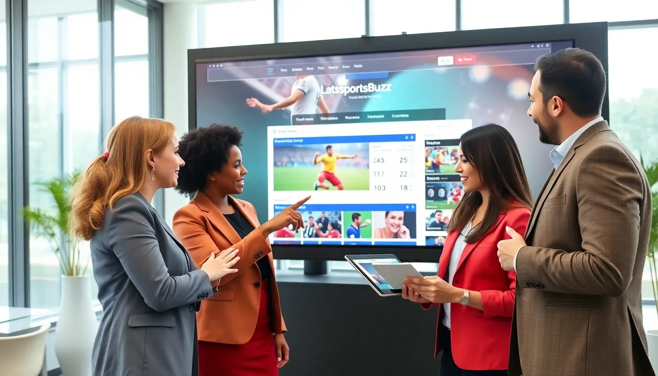 diverse team discussing football content in a modern office.