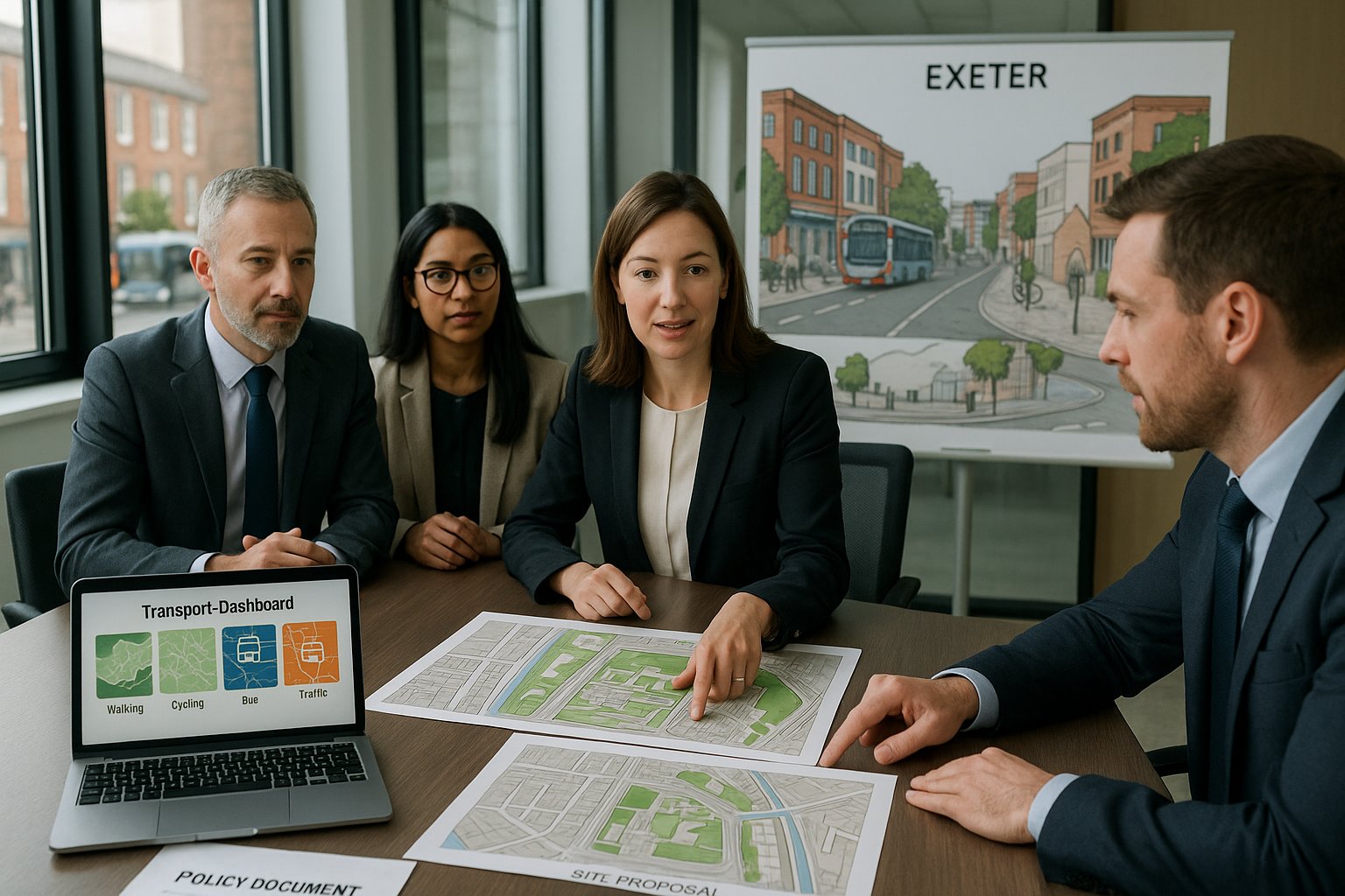 Transport planners reviewing Exeter development access, walking, cycling, and bus connections.