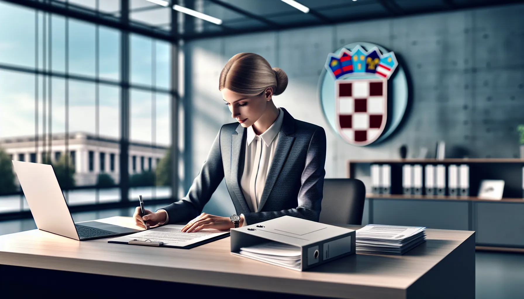 Professional woman completing official exam application form at modern office desk