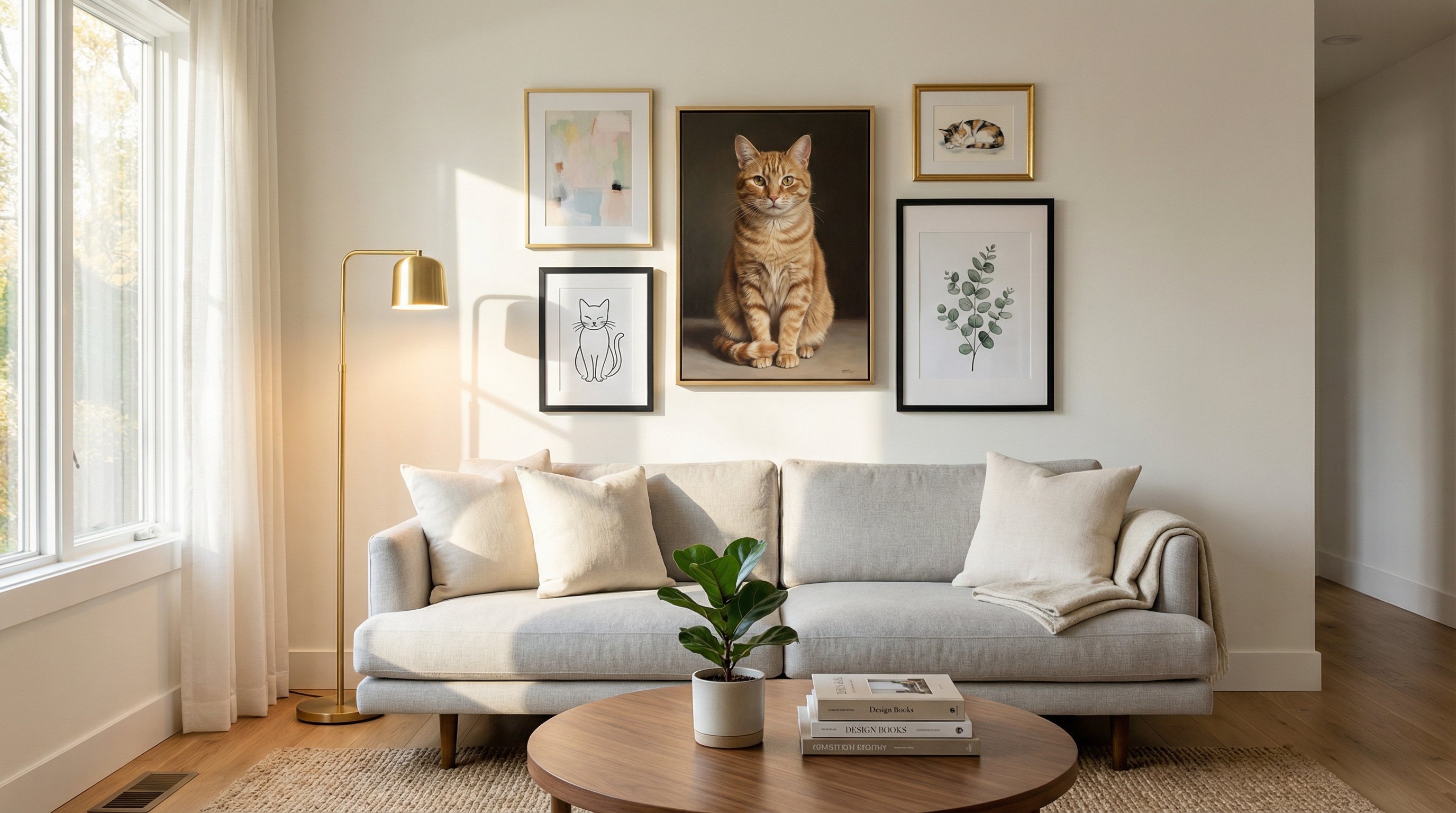 Modern living room with a curated gallery wall featuring stylish cat art prints.