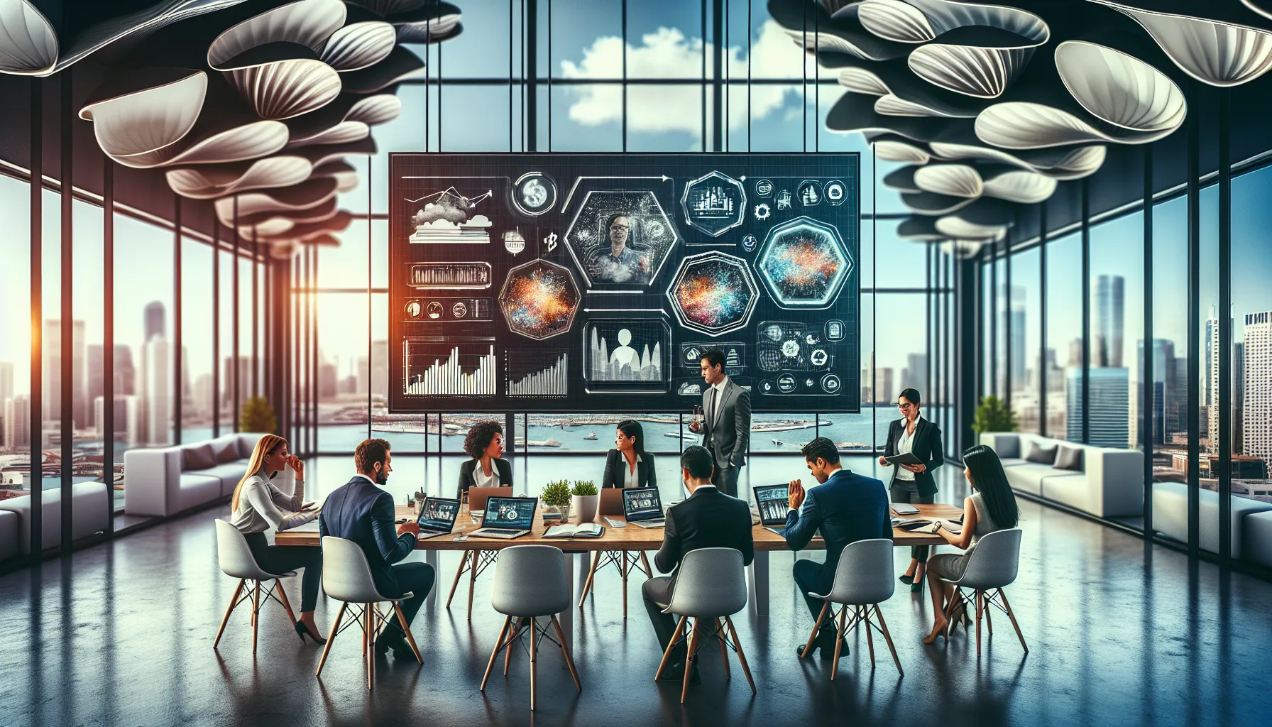 diverse professionals engaged in online finance lessons in a modern workspace.