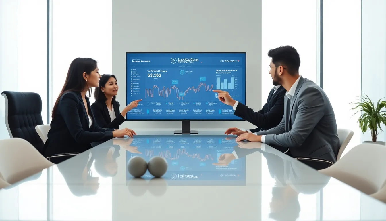 Diverse team discussing blockchain technology in a modern office.