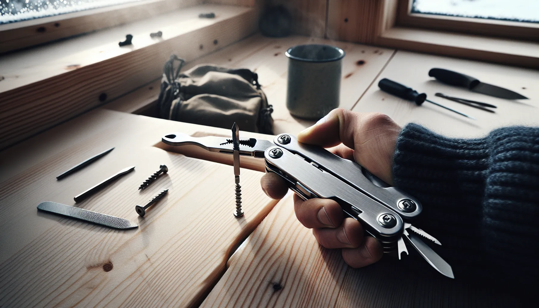 Hand uses a stainless multitool to tighten a kitchen cabinet hinge.