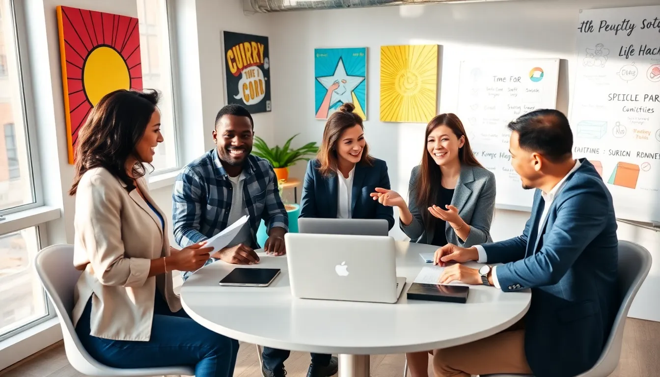 diverse team sharing ideas in a bright, modern workspace.
