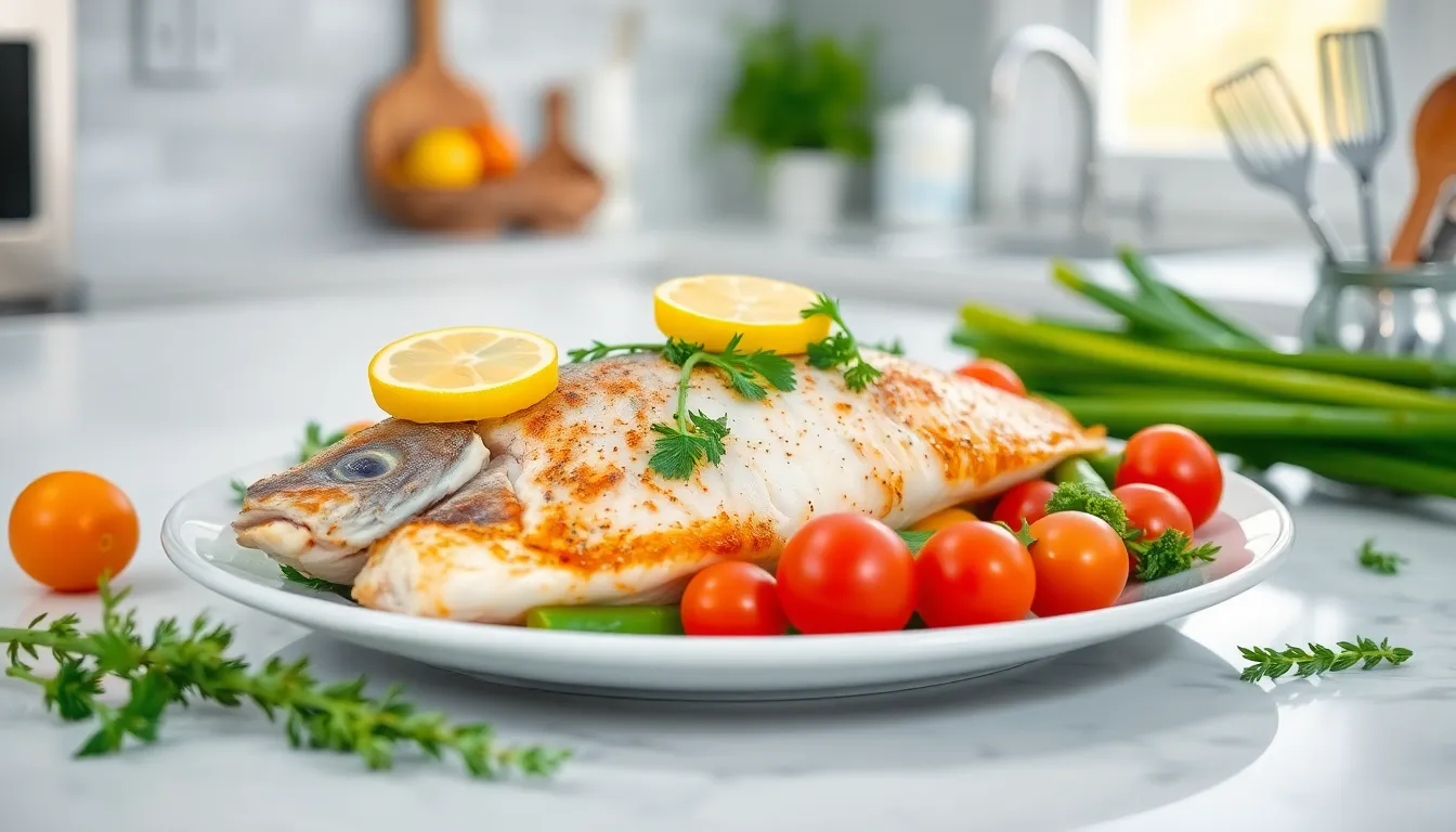 Baked fish dish with vegetables on a modern kitchen countertop.