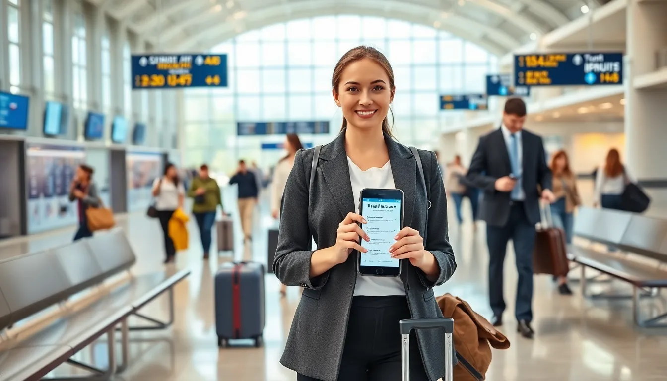 A traveler at an airport holding a smartphone with travel insurance details.