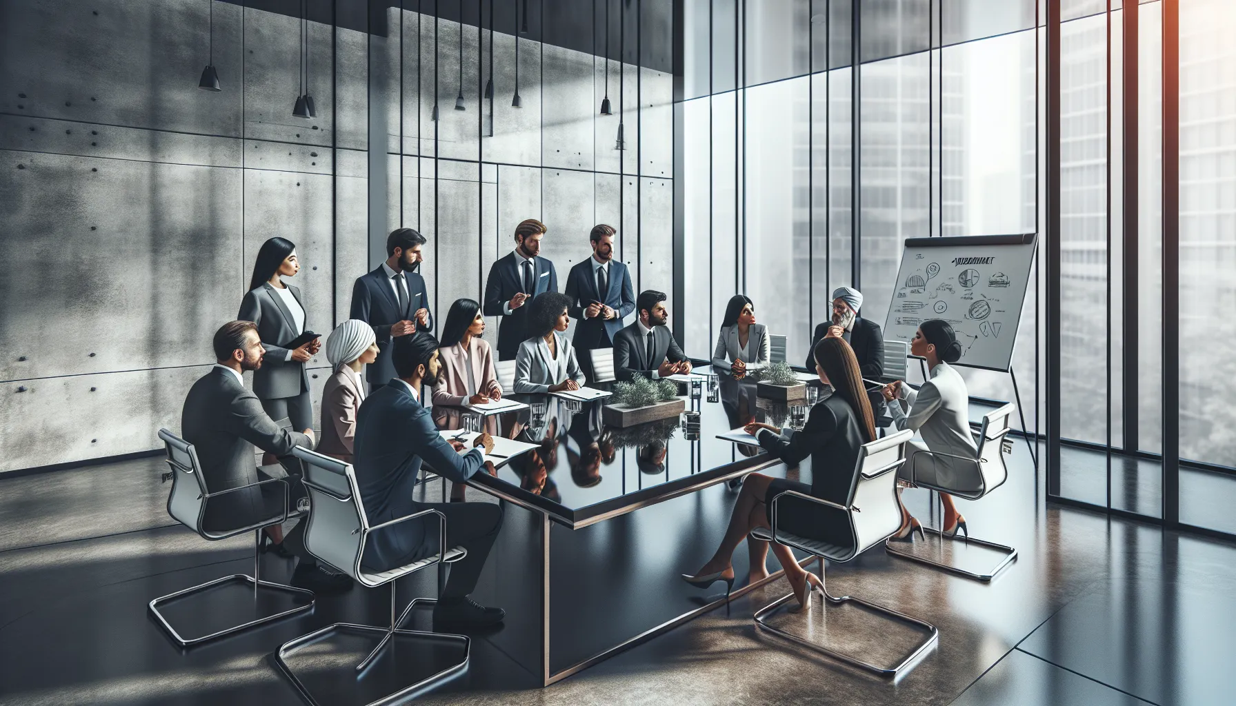 diverse professionals discussing концепция in a modern conference room.