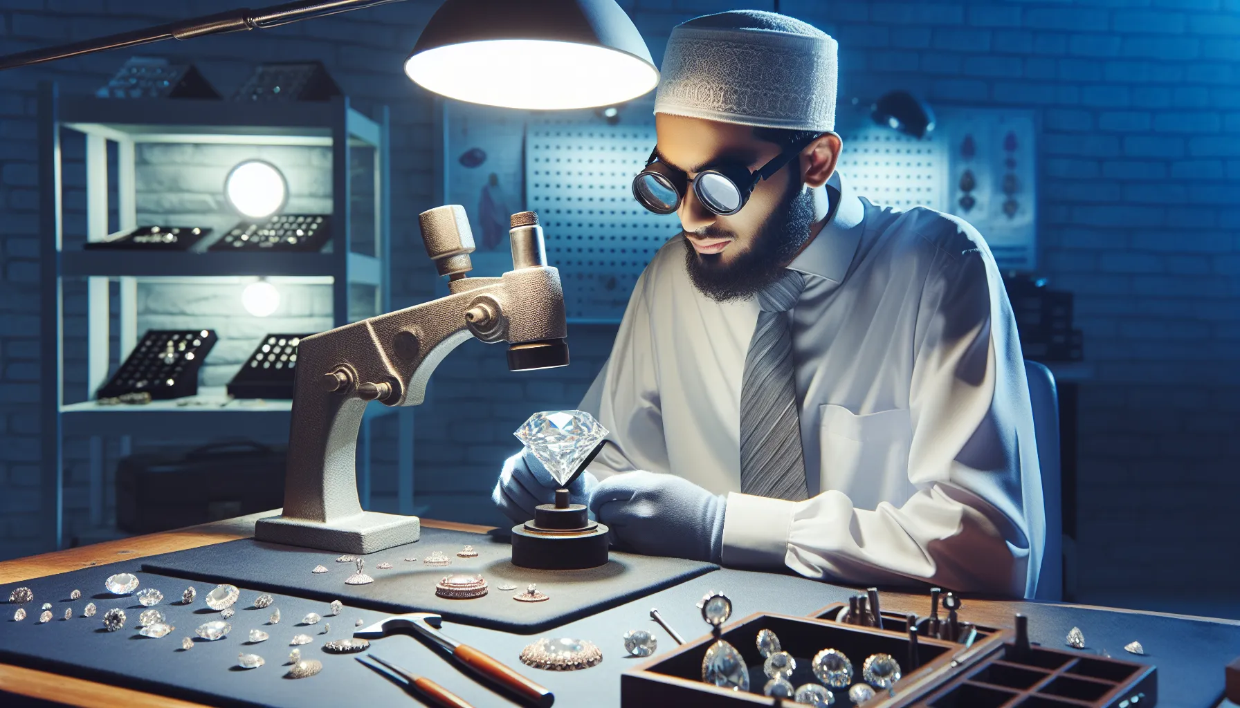 A jeweler inspects a diamond under professional lighting in a workshop.