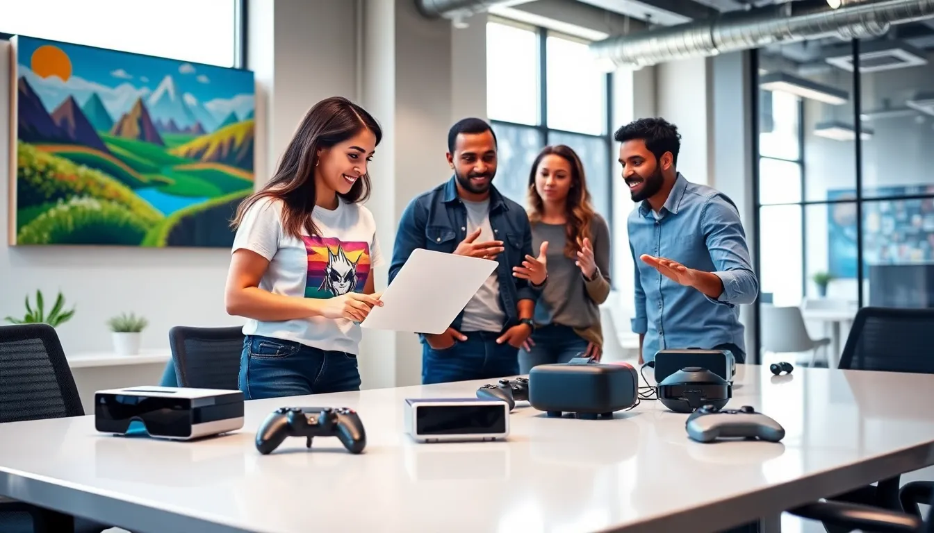 a diverse team collaborating on game design in a modern office.