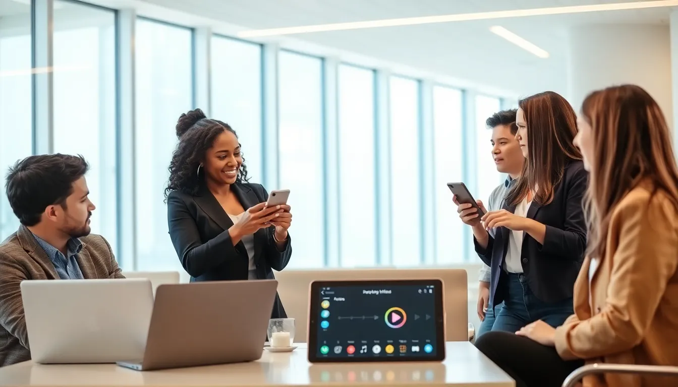 professionals discussing music downloading options in a modern office.