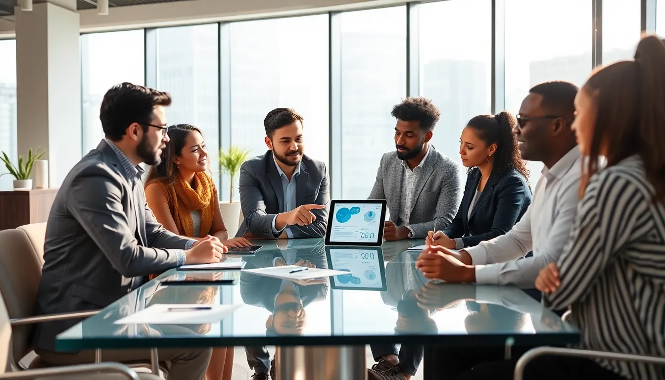 diverse team discussing data analysis in a modern office.