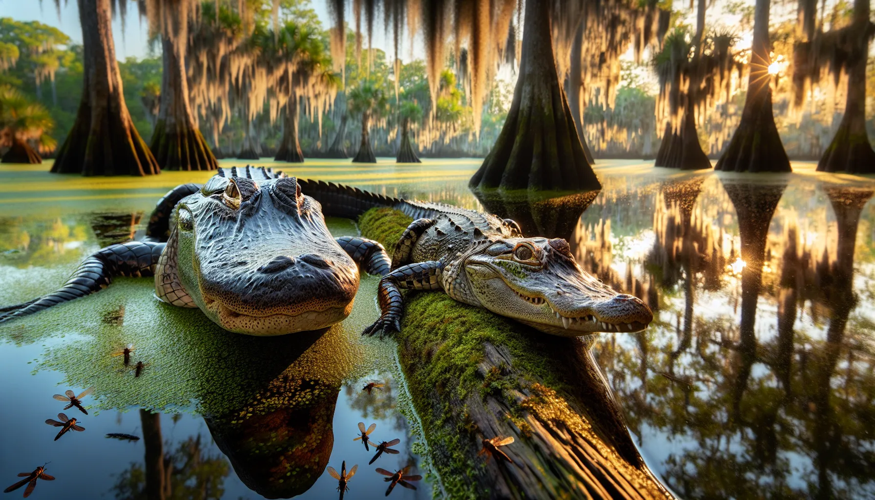 An alligator and a crocodile side by side in a Florida swamp.