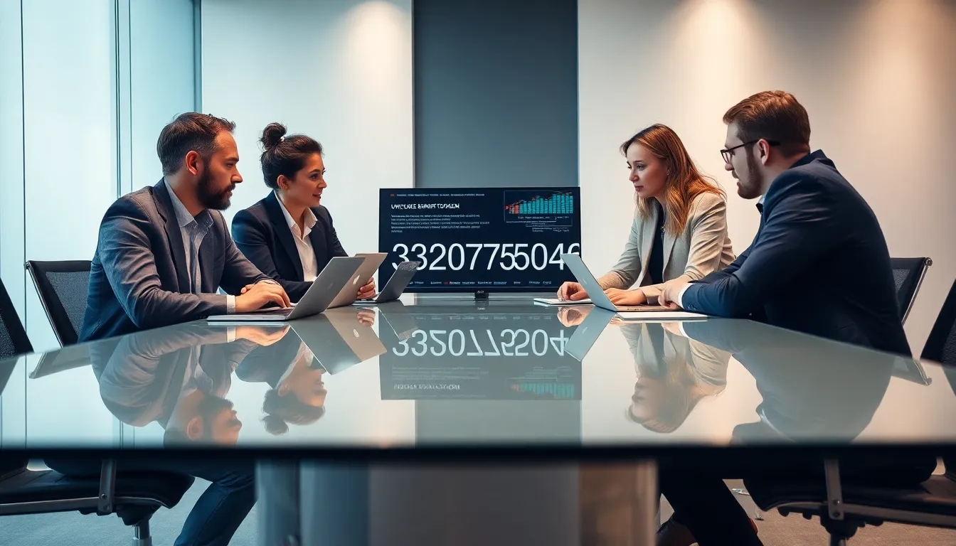 diverse team discussing data in a modern office setting.