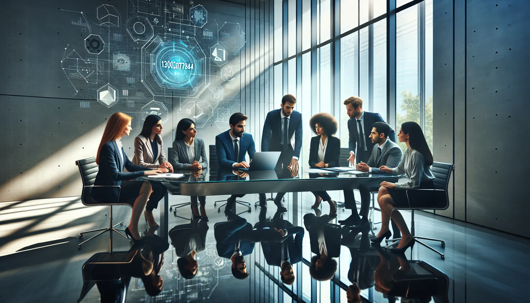 diverse professionals discussing a data identifier in a modern office.