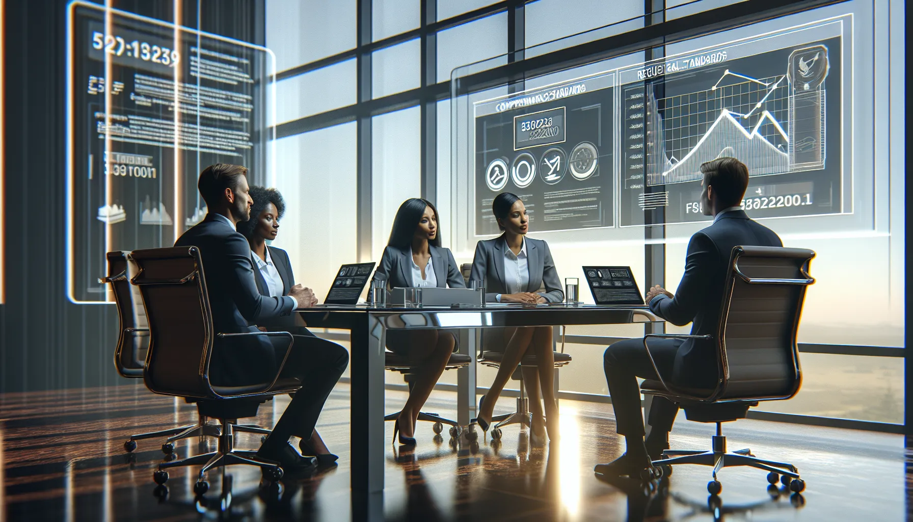 diverse professionals discussing regulatory compliance in a modern office.