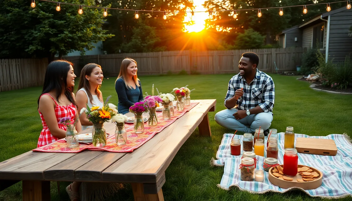 A DIY outdoor gathering with friends, showcasing budget-friendly decorations and snacks.