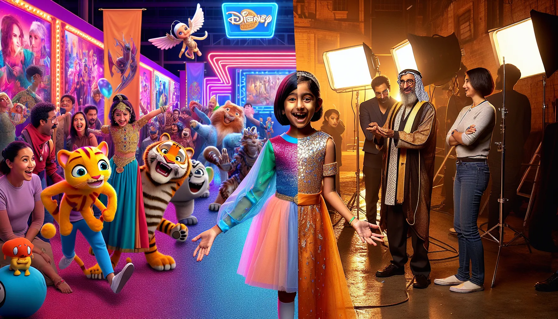 A split scene showcasing an anime convention and a Bollywood film set.