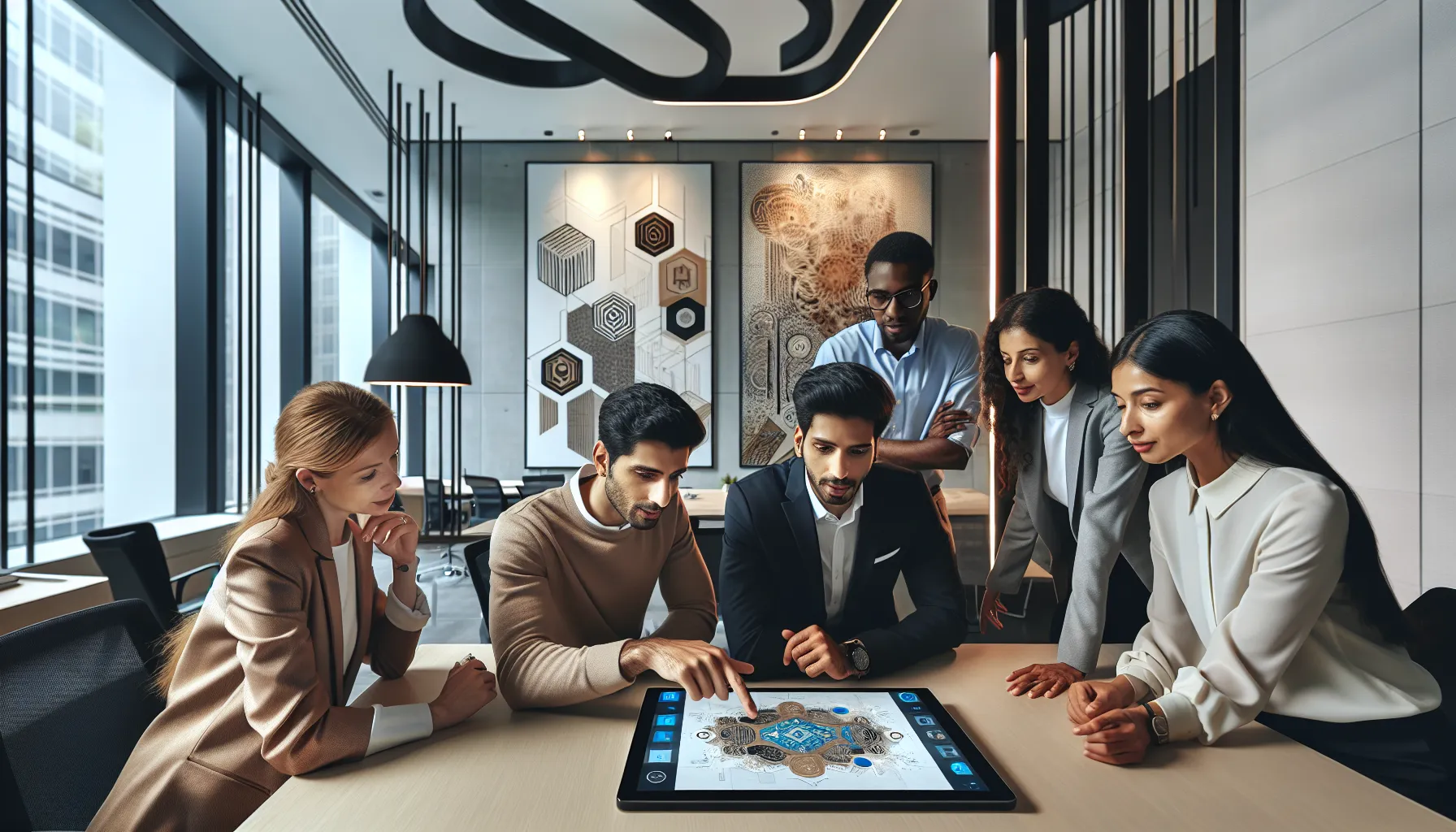 diverse team discussing the cultural significance of Ljrcbyu in a modern office.