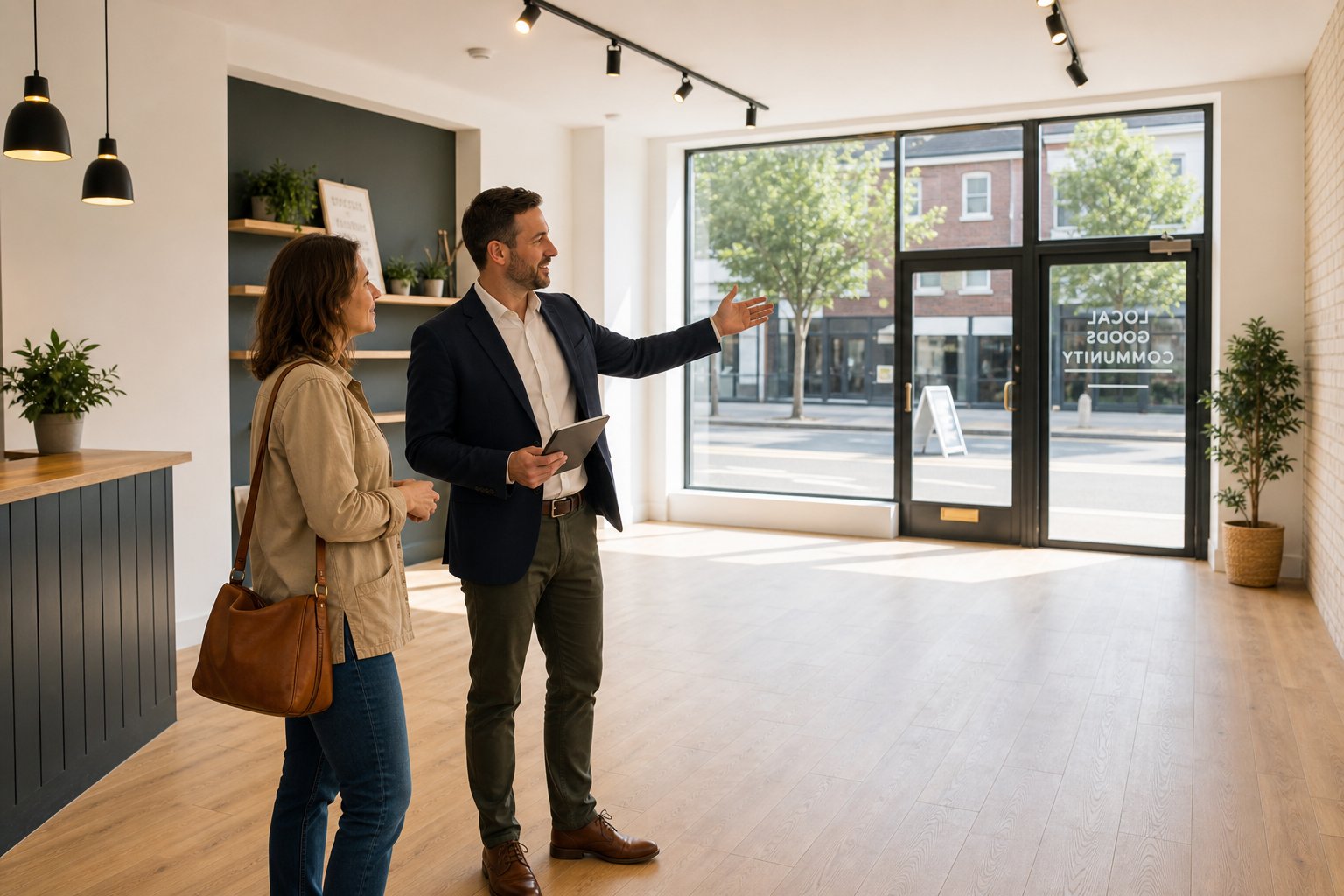 Commercial Mortgage Brokers Preston 11 Mortgage consultant and business owner viewing an empty retail unit interior.