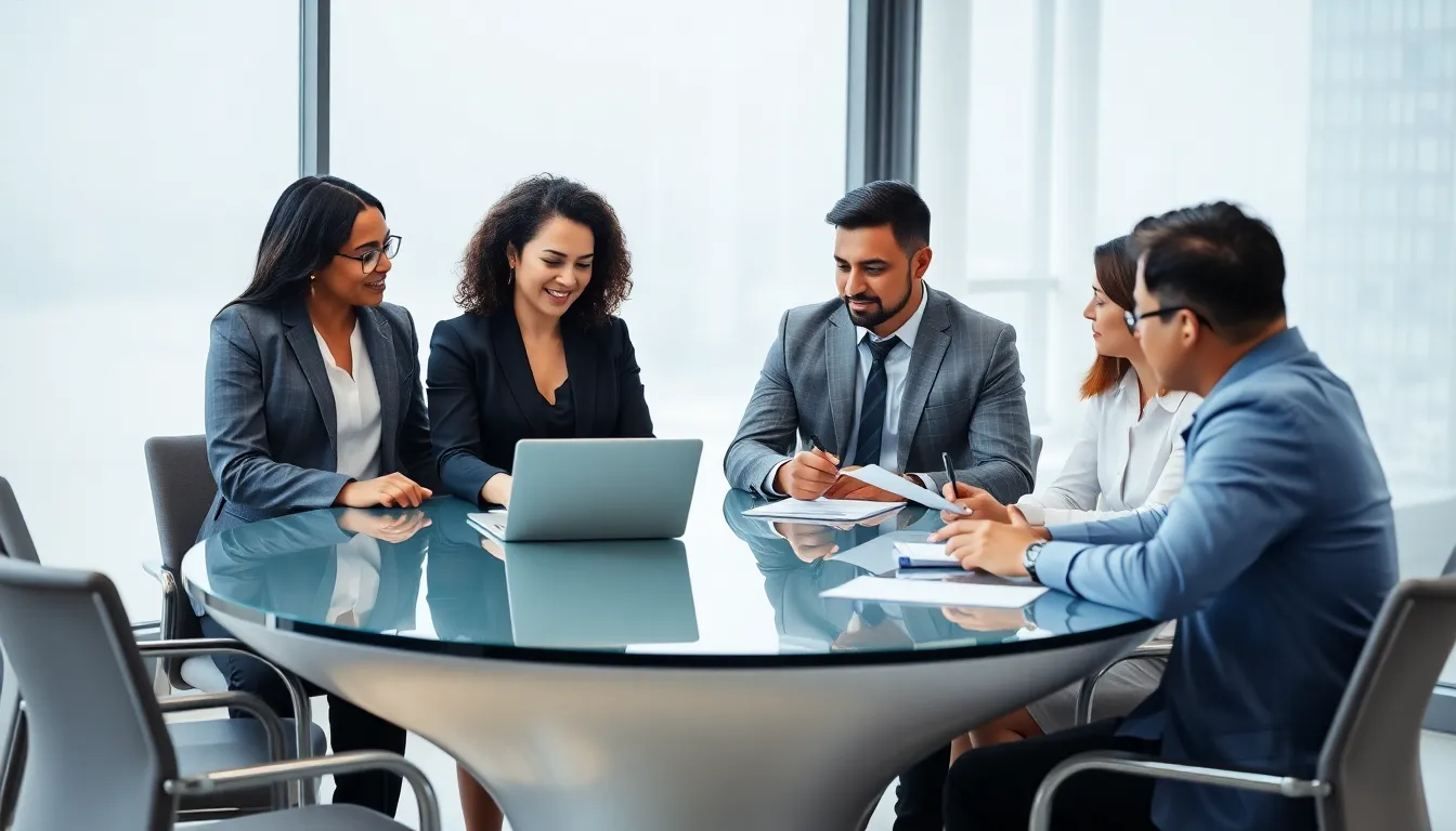 professionals discussing corporate reputation in a modern conference room.