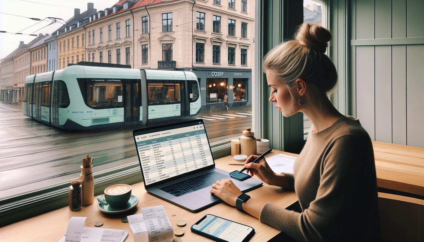 Hvordan tjene penger på å være en mystery shopper 3 Mystery shopper in oslo calculating net earnings with receipts, laptop, and map.