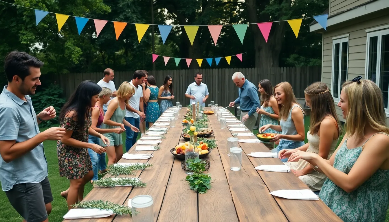 diverse group enjoying a cozy backyard potluck event.