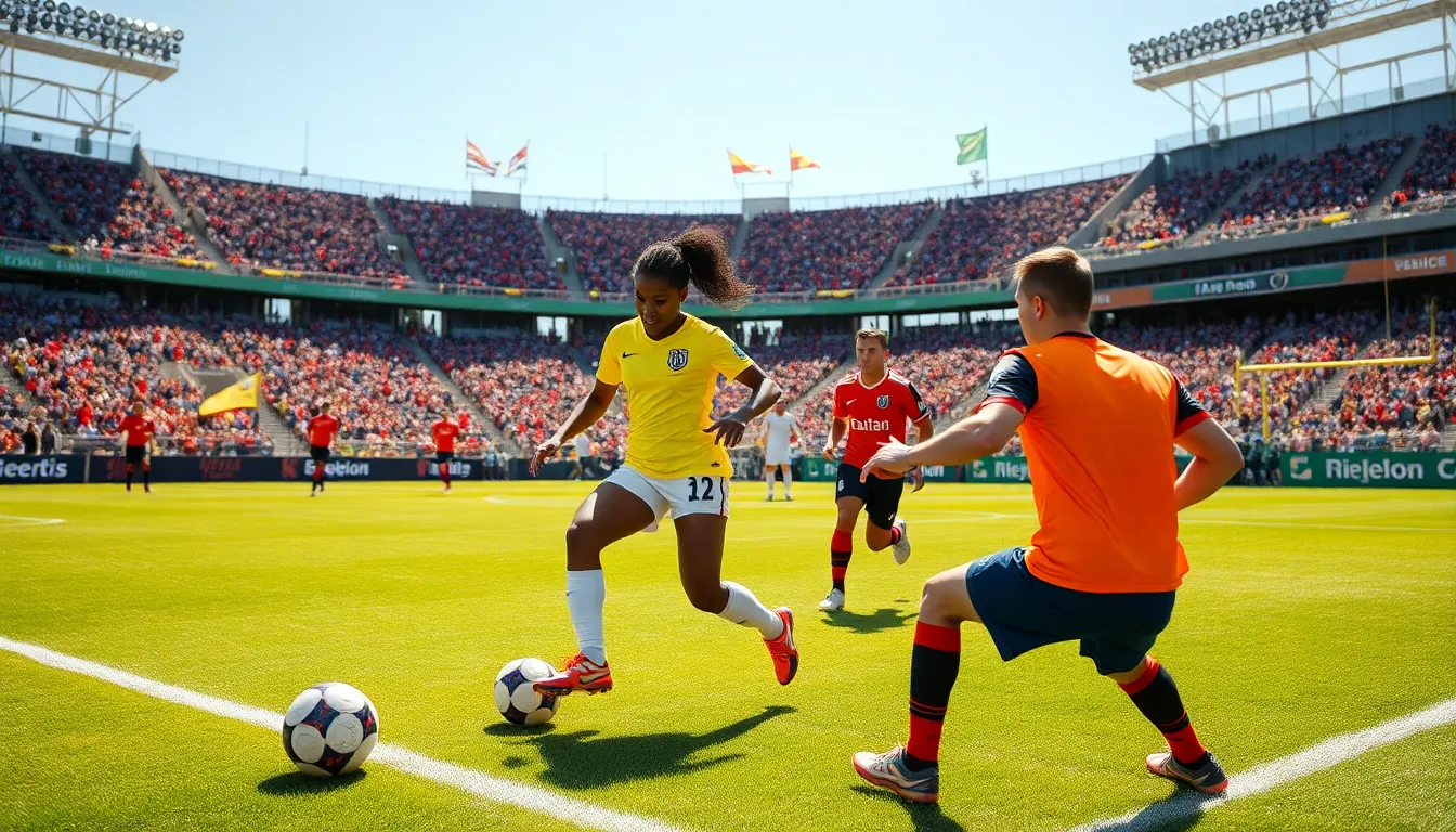 football players in action during a match in a packed stadium.