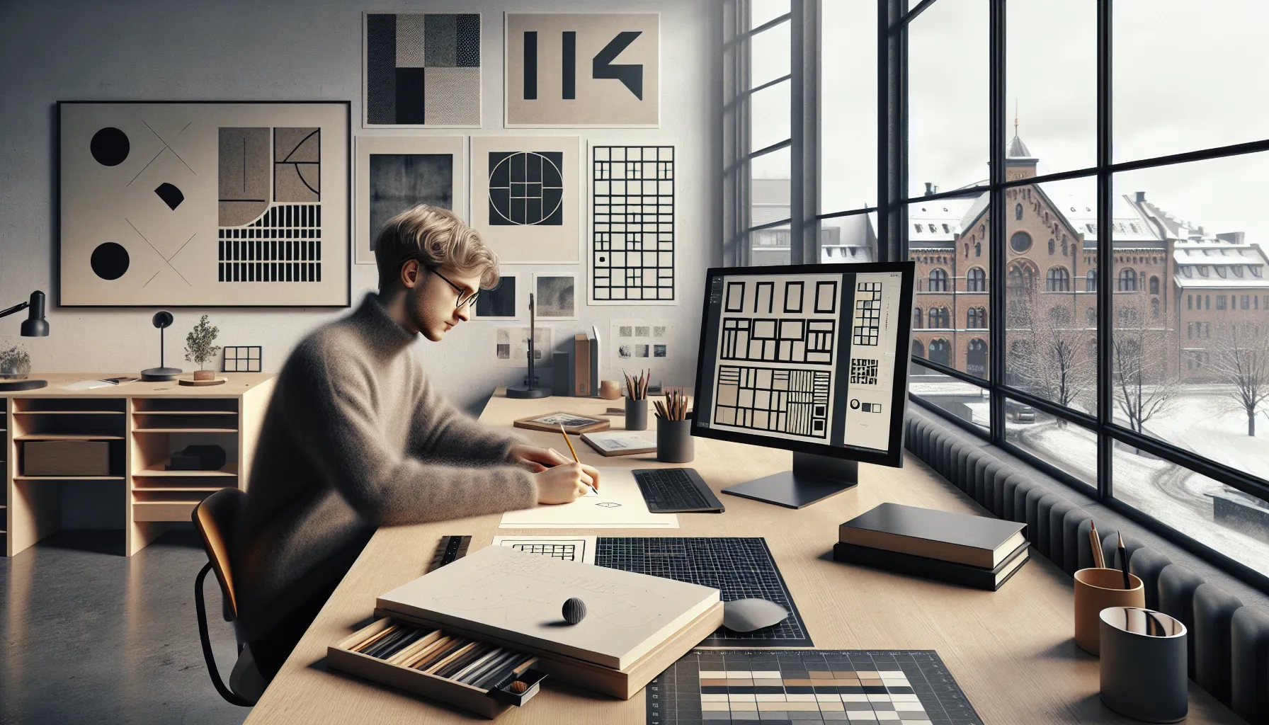 Kreativitet i grafisk arbeid: inspirasjon fra kunstverdenen 2 Norwegian designer studies art references while sketching layout composition and contrast.