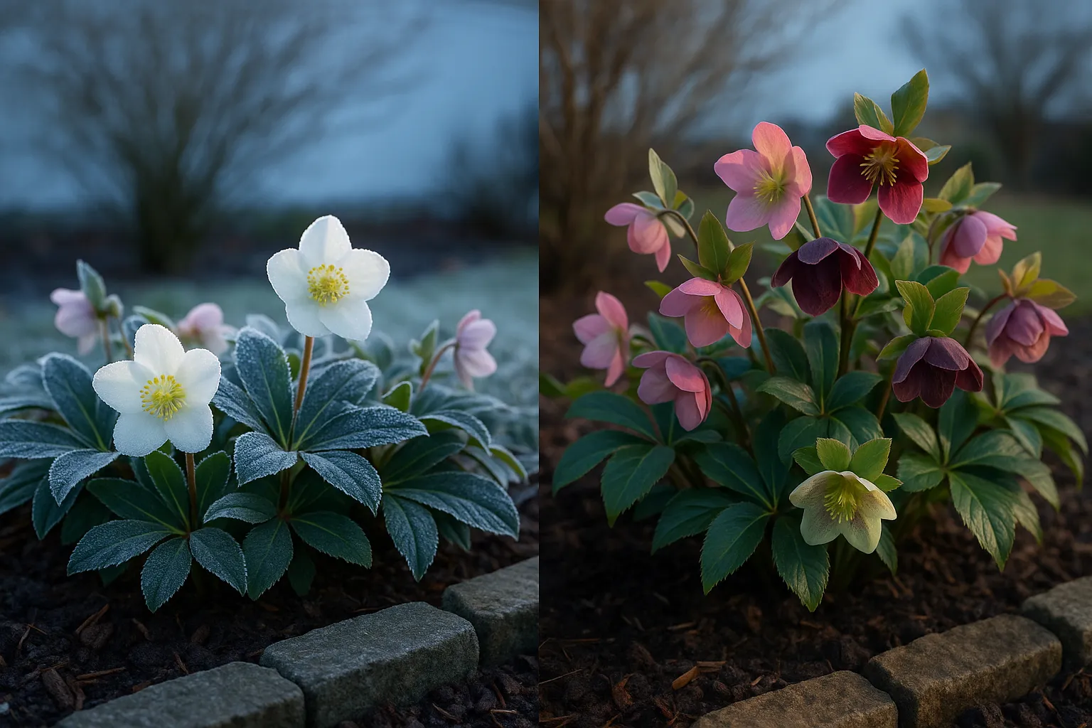 Side-by-side hellebore comparison: white H. niger and colorful H. orientalis clumps.