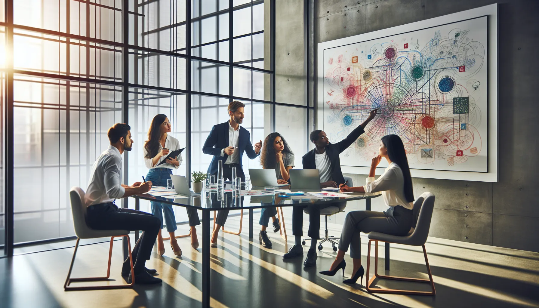 diverse team brainstorming in a modern office.