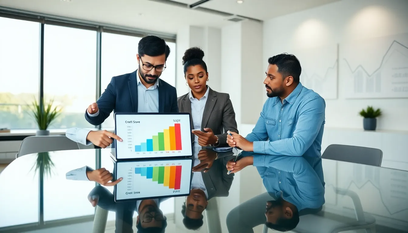 diverse team discussing credit scores in a modern office.