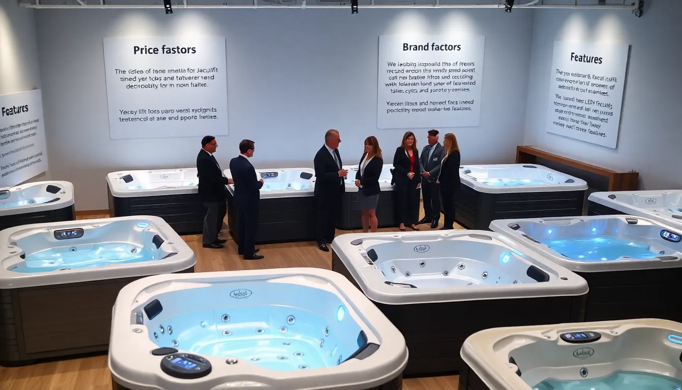 showroom with various Jacuzzi hot tubs and professionals discussing features.