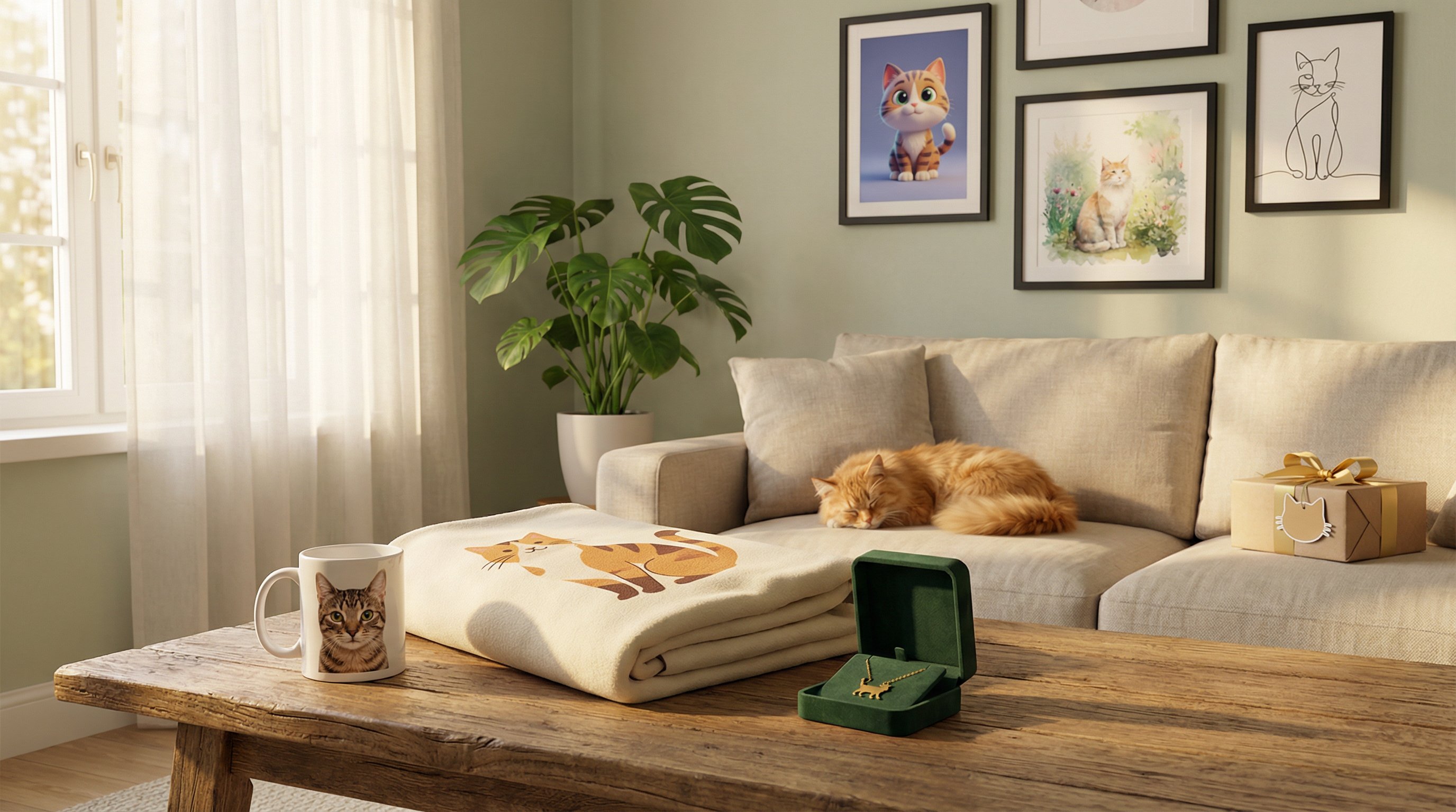 Cat-themed birthday gifts including a custom mug, blanket, and wall art in a cozy living room.
