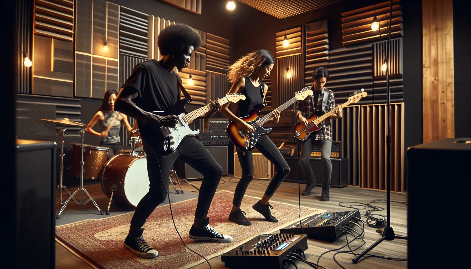 musicians playing guitars in a modern rehearsal studio.