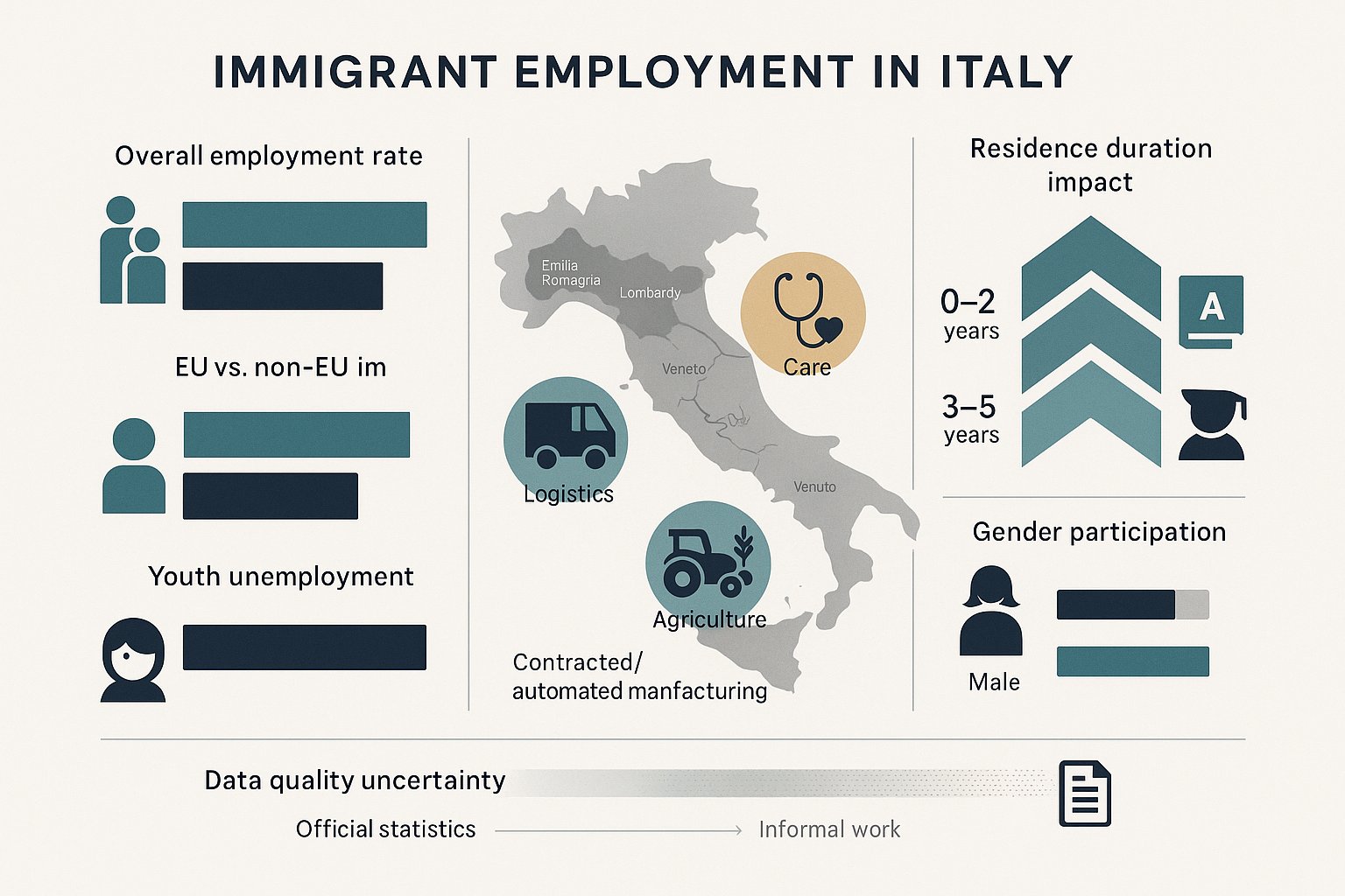 Infografica che mostra i tassi di occupazione degli immigrati, la domanda settoriale e la cronologia in Italia.